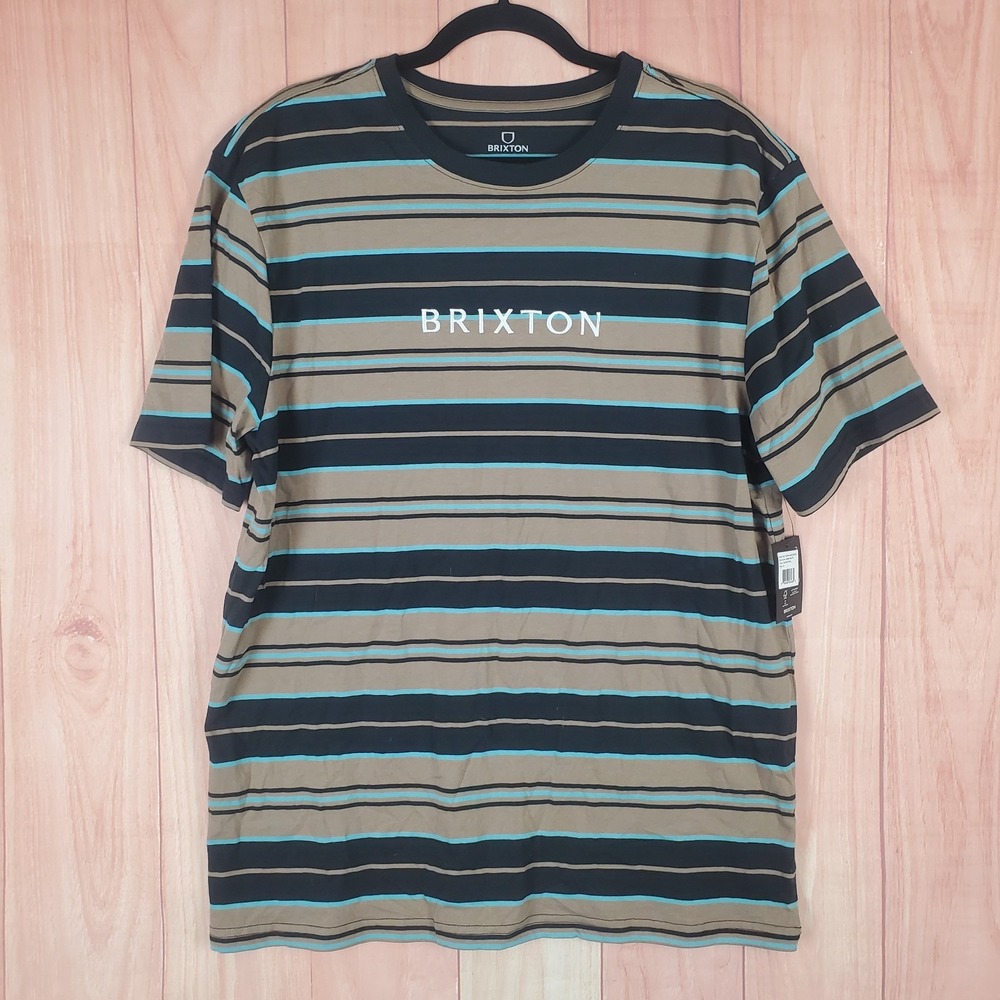 Brixton Hilt Alpha Line T-Shirt Mens XL Black Teal Striped Knitted Short Sleeve
